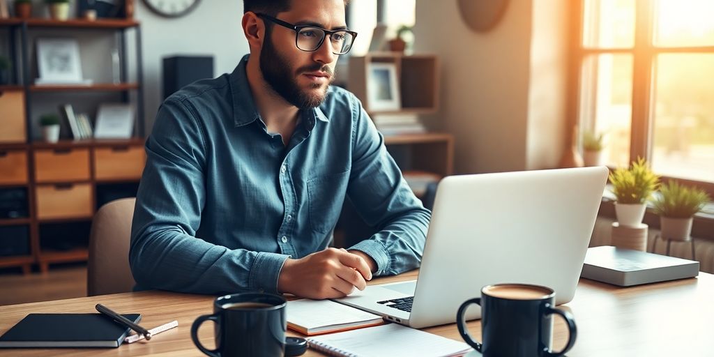 Entrepreneur working at a desk with laptop and notepad.