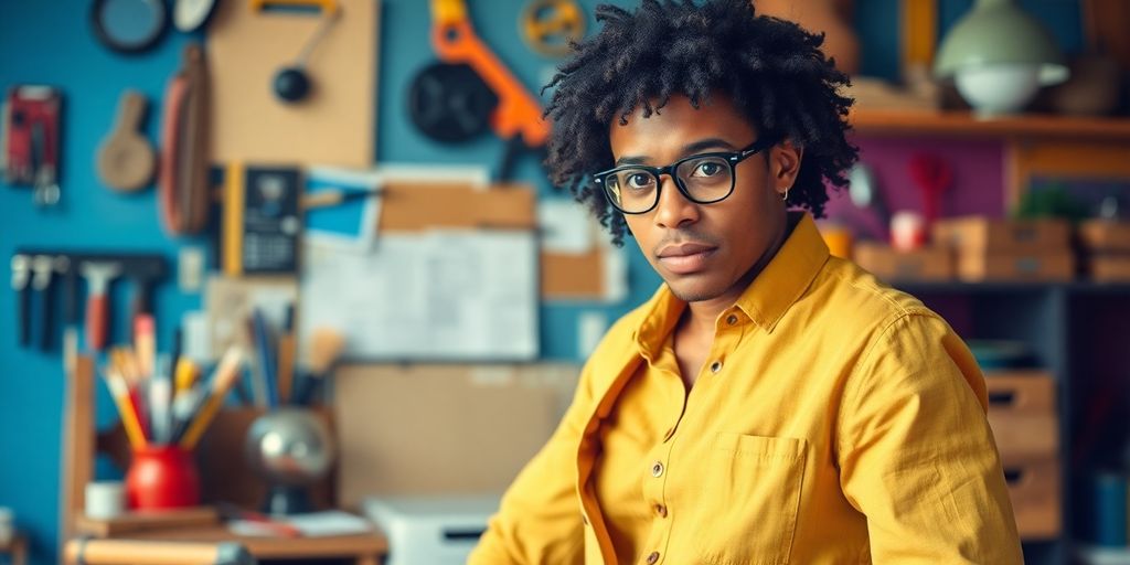 Entrepreneur overcoming challenges in a vibrant workspace.