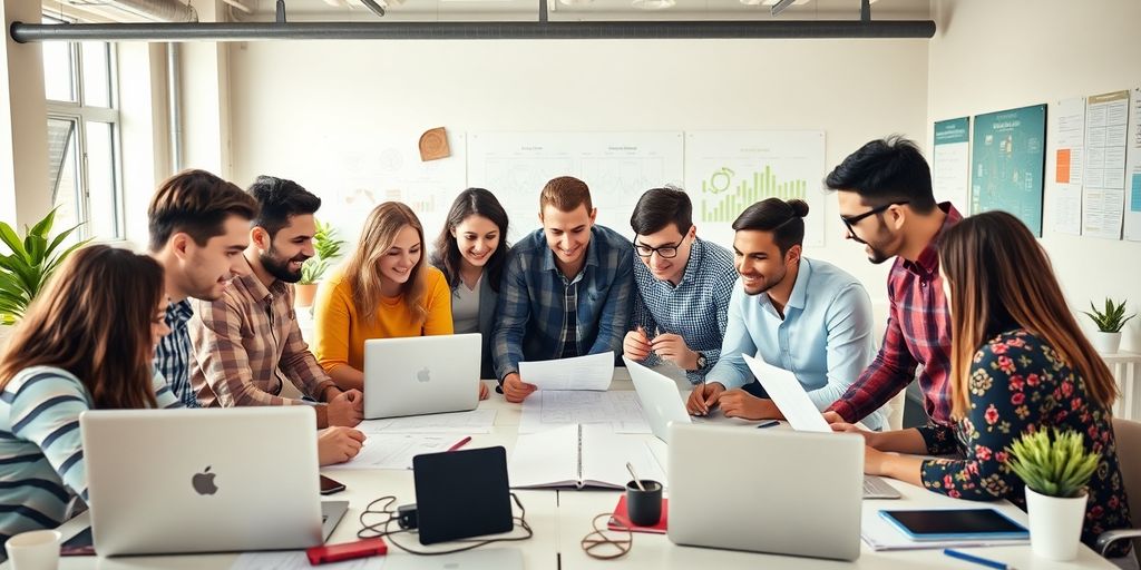 Entrepreneurs collaborating in a bright startup workspace.