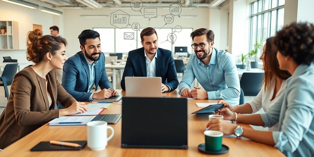 Business team collaborating in a modern office setting.