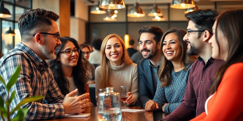 Group of people conversing in a cozy cafe.