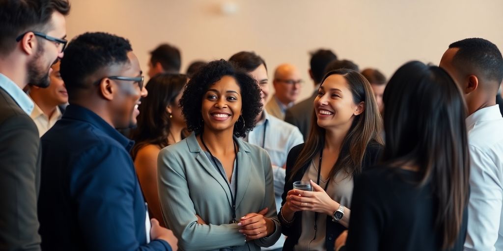 People networking at an event, sharing ideas and smiles.