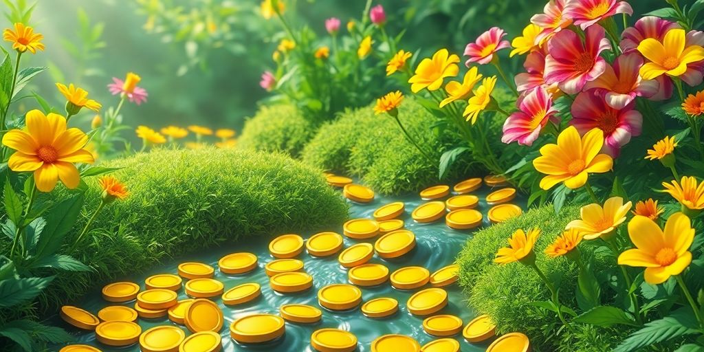 Gold coins flowing through a vibrant green landscape.