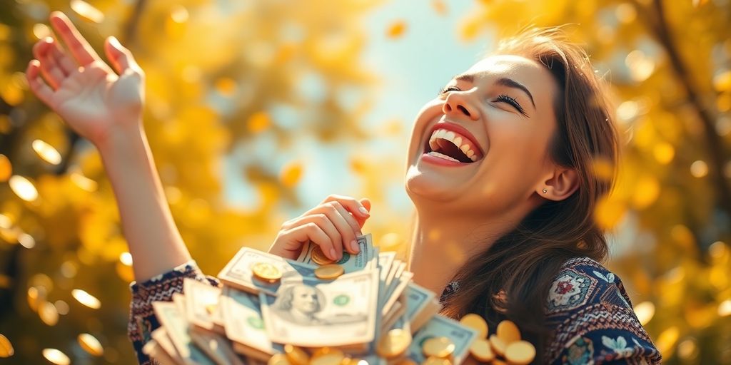Person joyfully holding cash with coins around them.