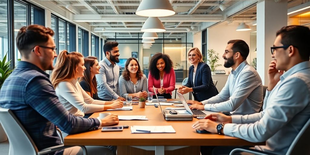 Diverse team collaborating in a modern office environment.