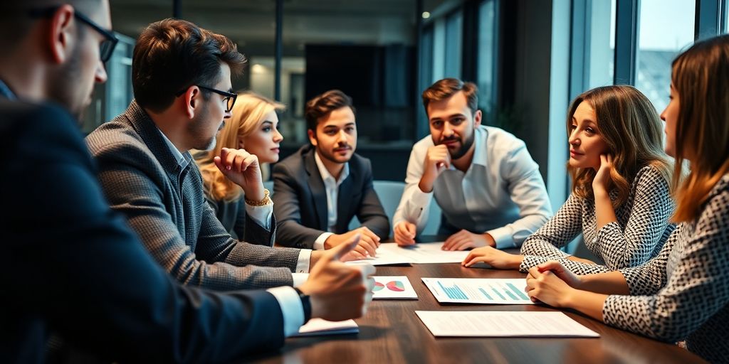 Business team discussing strategy in a modern conference room.