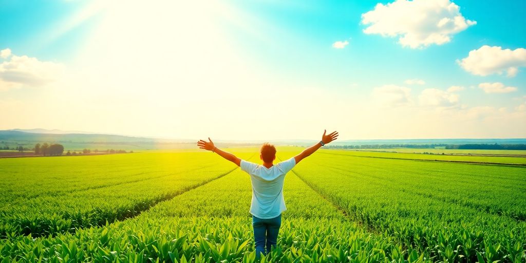 Person in field embracing nature's abundance and prosperity.
