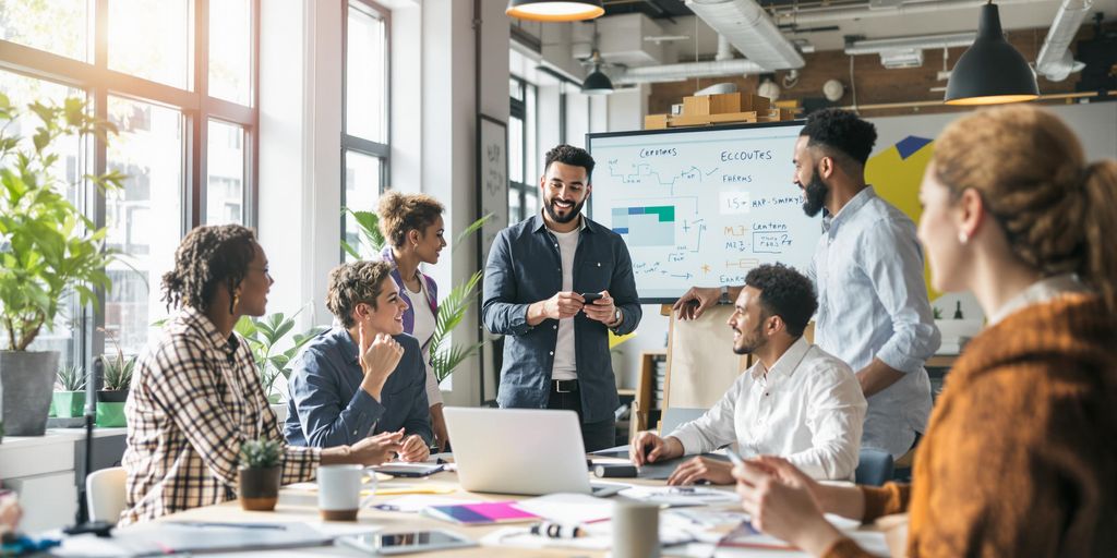 Entrepreneurs collaborating in a modern office environment.
