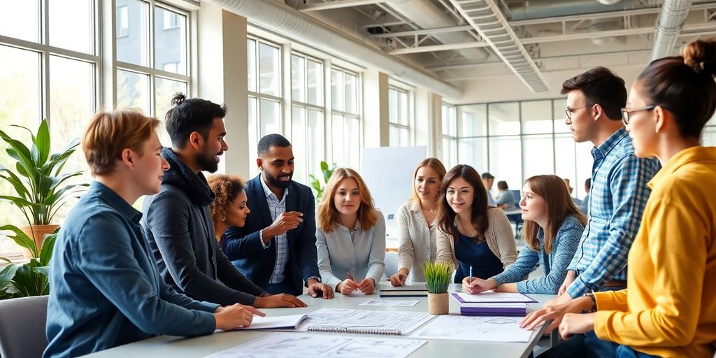 Diverse professionals collaborating in a modern office space.