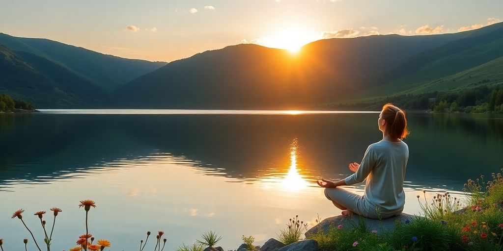 Person meditating by a tranquil lake at sunrise.