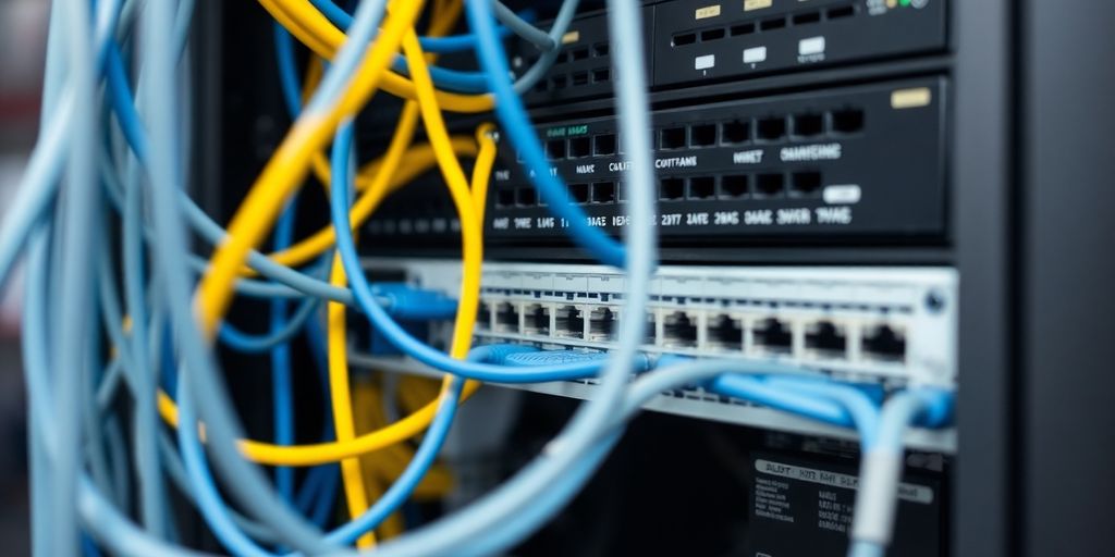 Interconnected computer networking equipment in a professional setting.