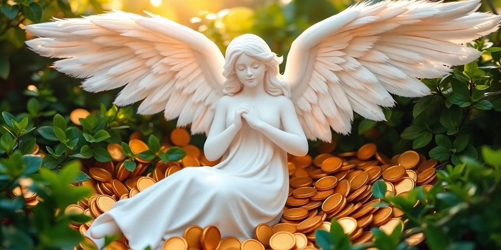 Angel with coins and greenery, symbolizing wealth and abundance.