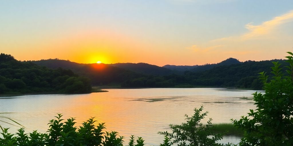 Sunset over a tranquil landscape symbolizing abundance and peace.