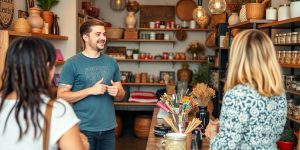 Small business owner interacting with customers in a shop.