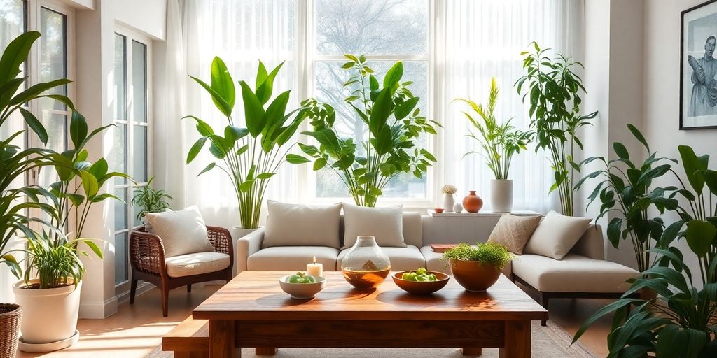 Cozy home interior with plants and warm lighting.